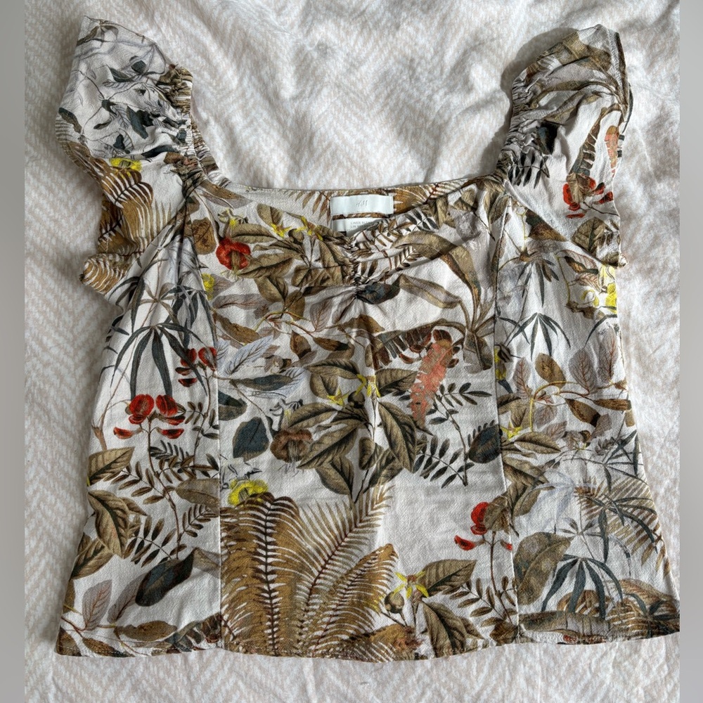 H&M Botanical Print Linen Blend Tank with Flutter Sleeve Size Small